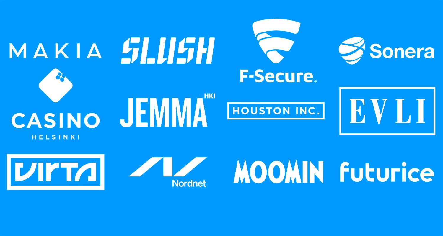 White corporate logos on blue background