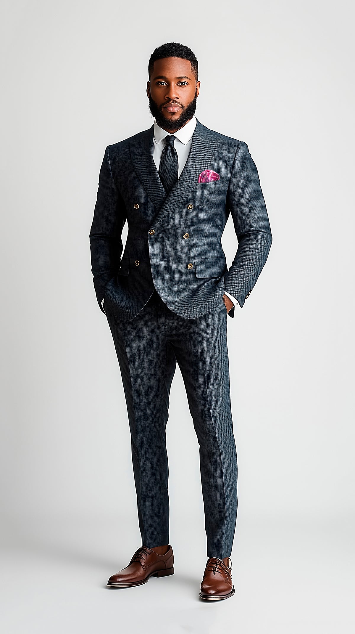 Man in blue double breasted suit wearing a purple pocket square puff fold
