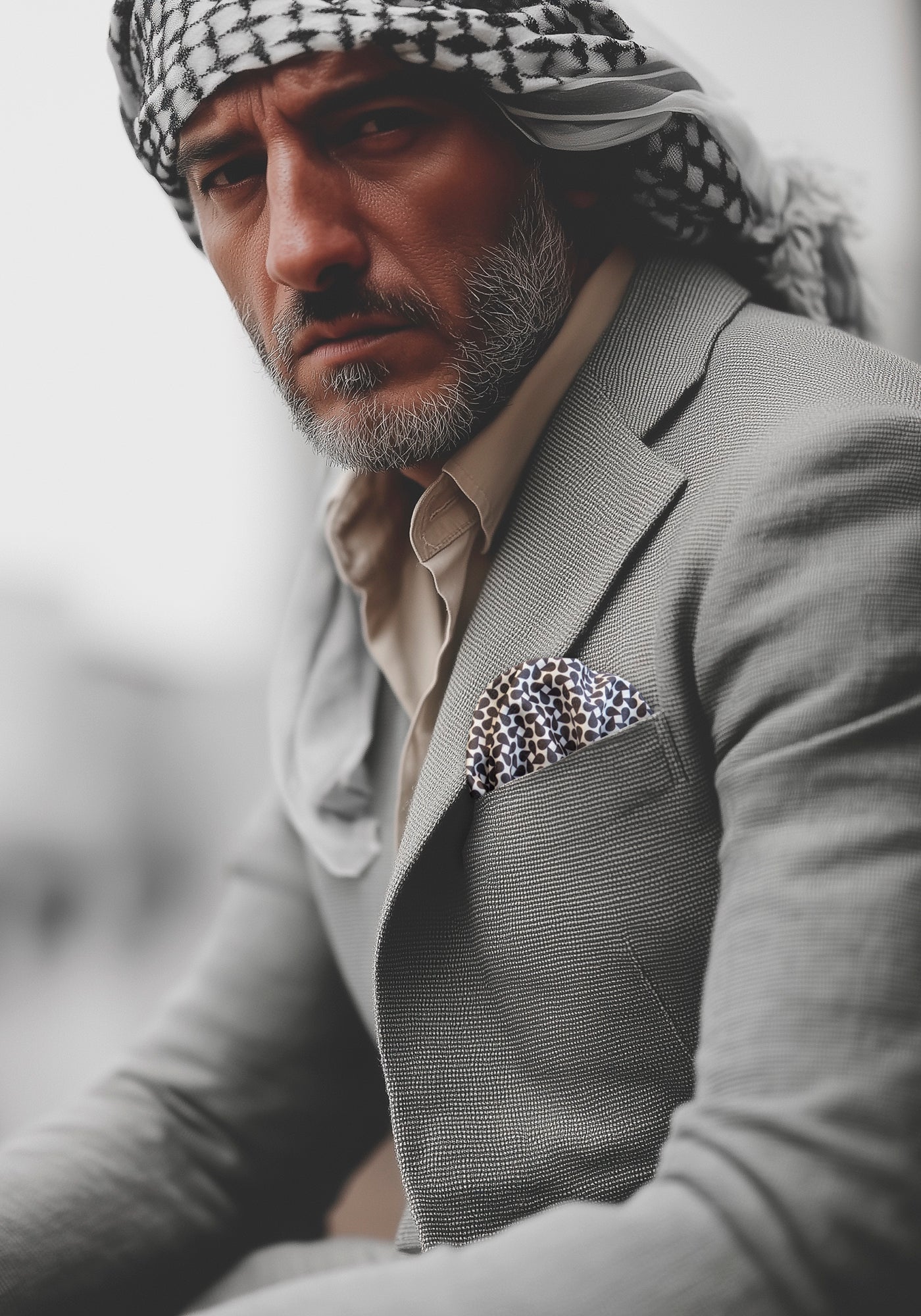 Arab gentleman wearing a shemagh and FatCloth Aziz black and white pocket square