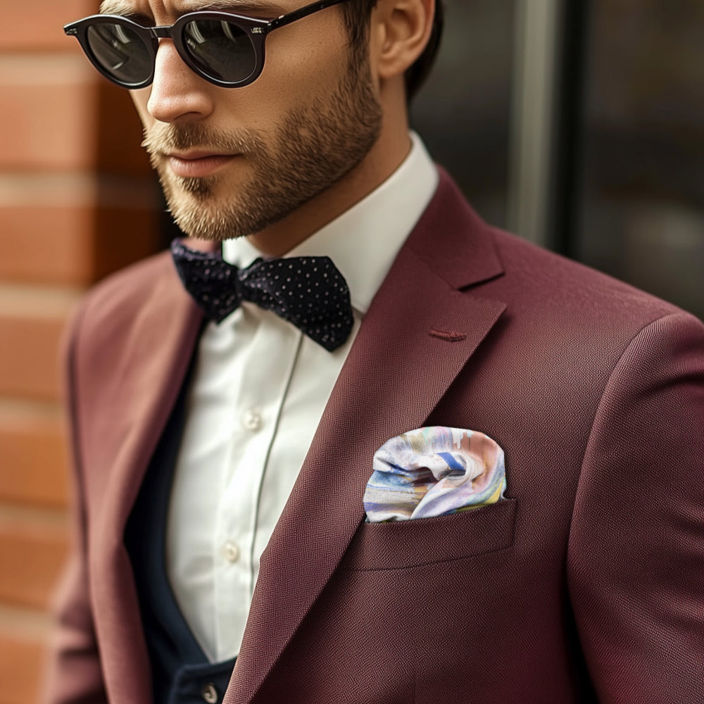 Stylish man in sunglasses wearing a red jacket and bow tie donning a light pocket square.