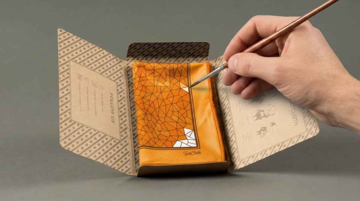 A hand holds a fine brush over an open brown cardboard package with a bright orange geometric patterned pocket square inside. Photographed on a smooth gray surface.