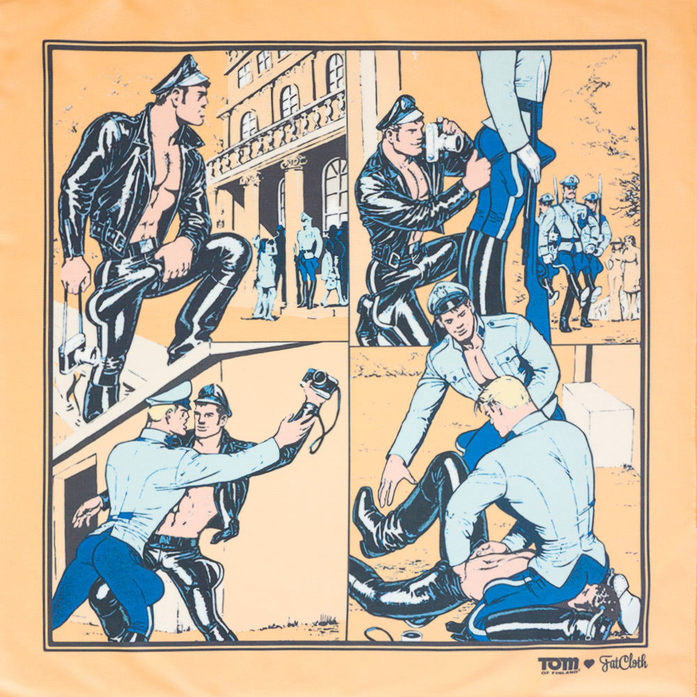 Comic strip with blue toned army cadets and a leather clad man taking pictures on a peachy orange background