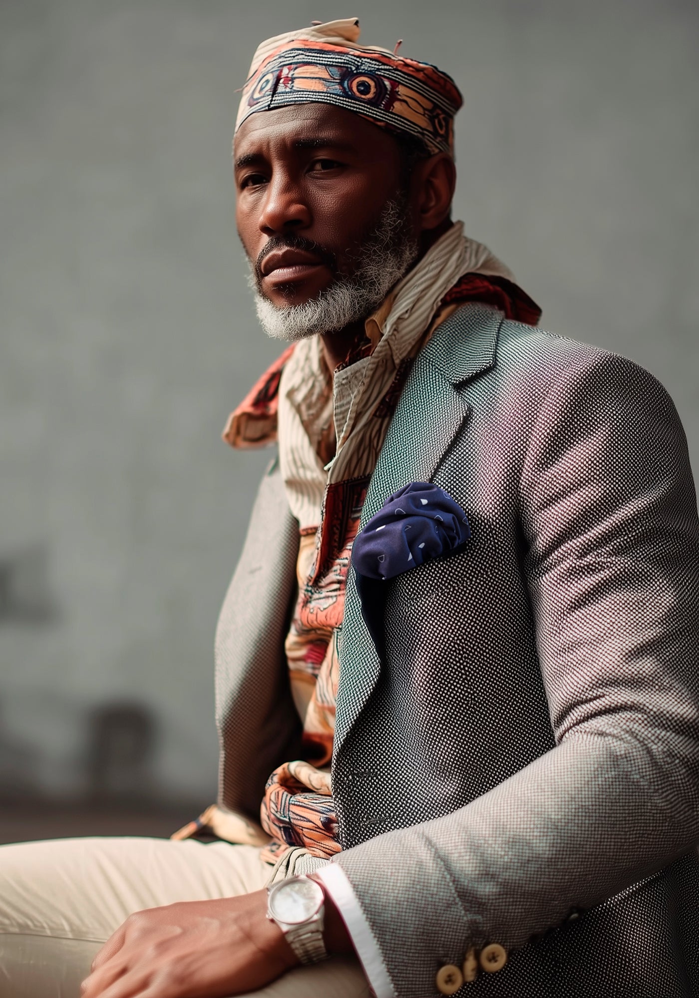 African gentleman wearing traditional patterns and FatCloth Earl Ink pocket square