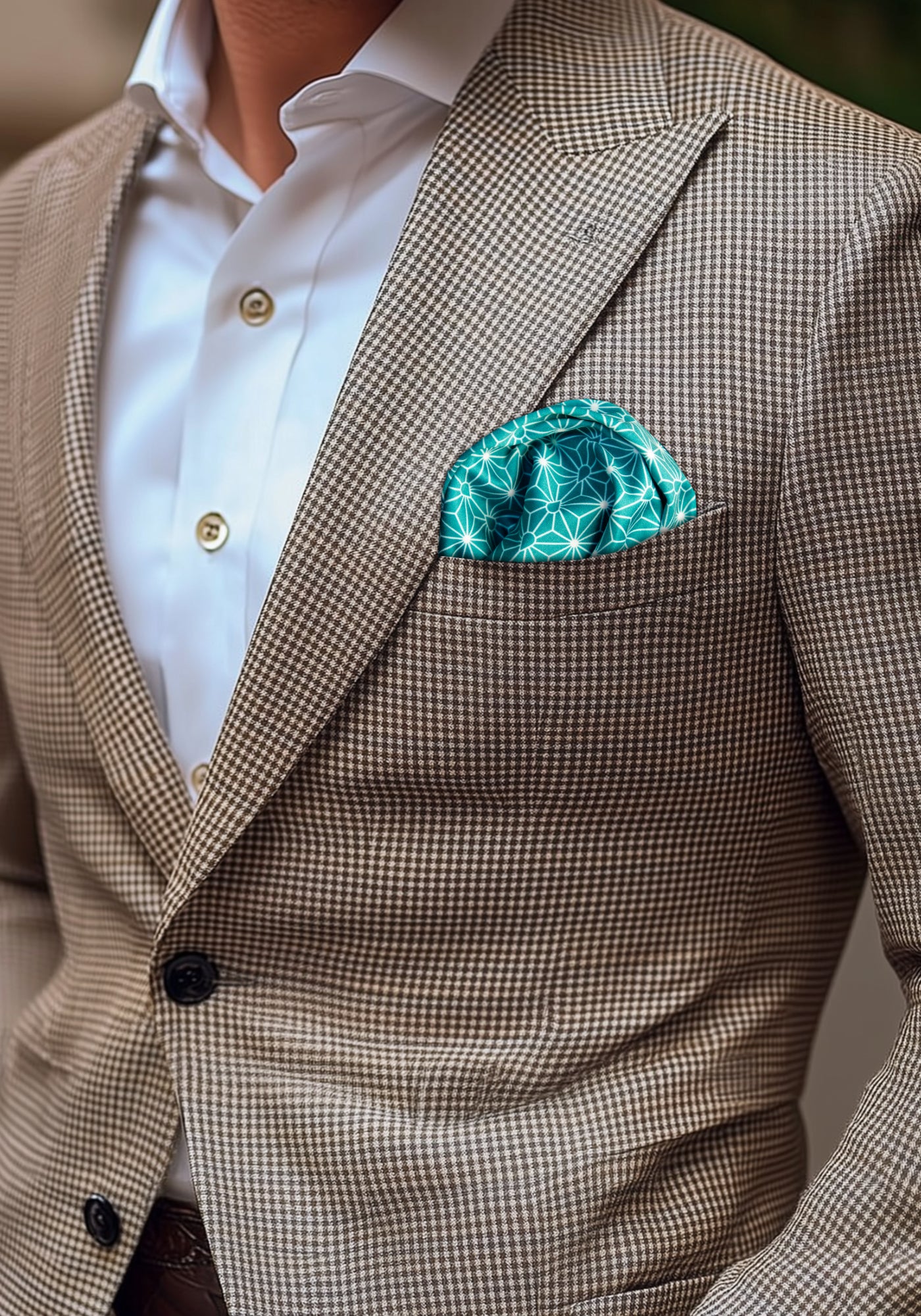 Japanese traditional Asahi patterned FatCloth Issei pocket square in forest green