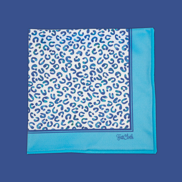 Contemporary blue and white FatCloth Knut pocket square with stylized animal print pattern