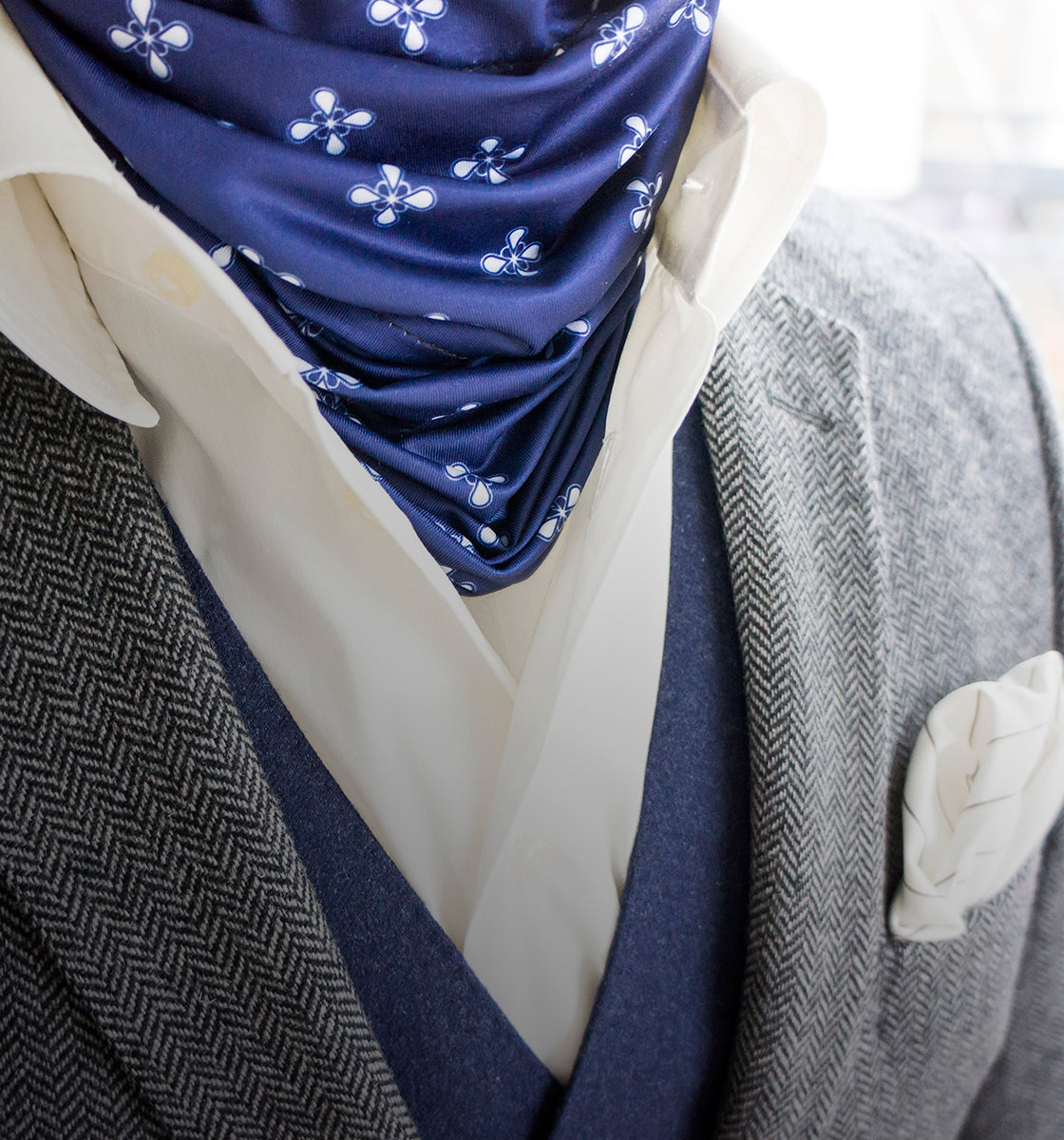 FatCloth lucas multipurpose neck gaiter paired with timeless with Bernie White pocket square