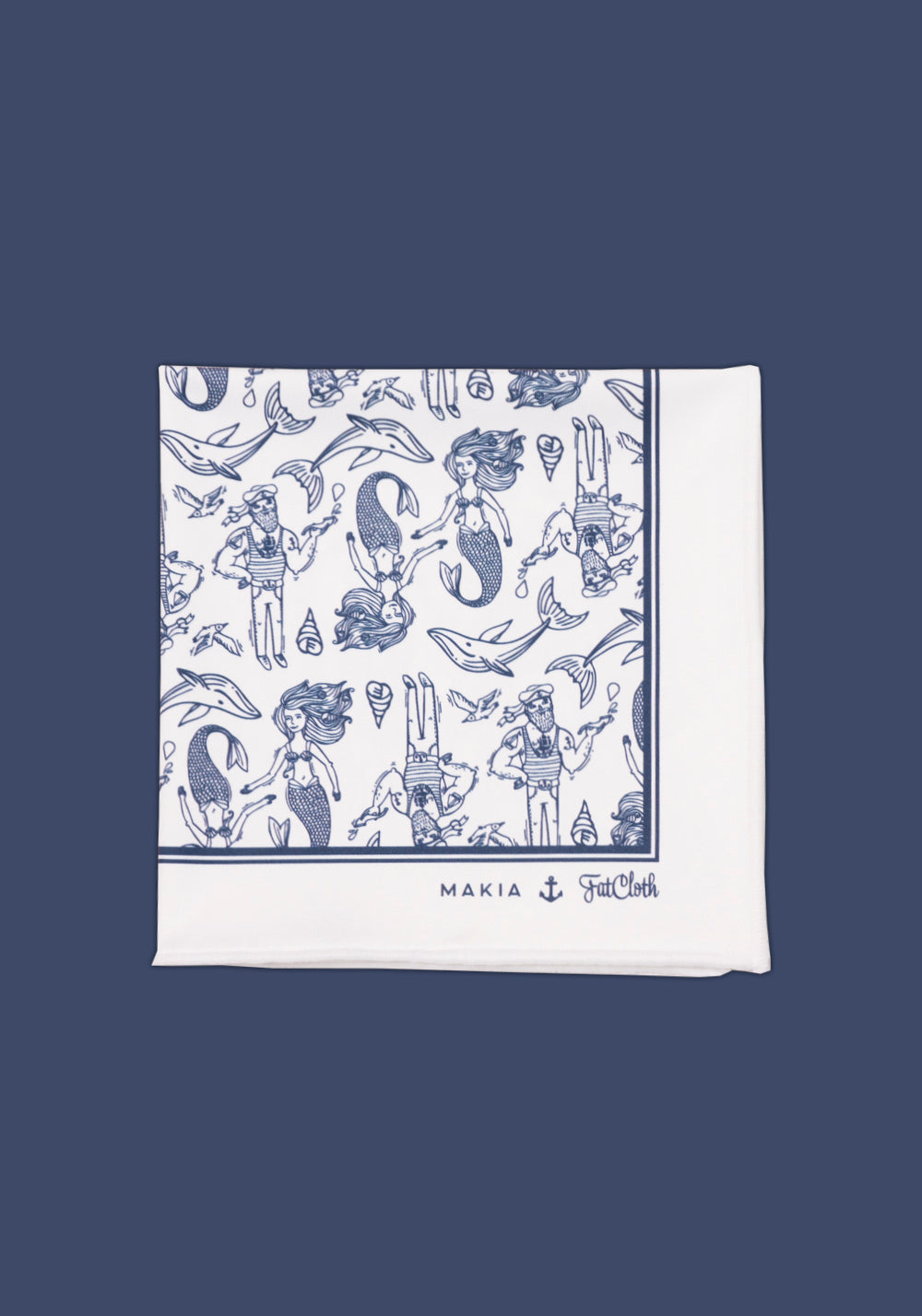 FatCloth x Makia collaboration pocket square Seagull with navy pattern