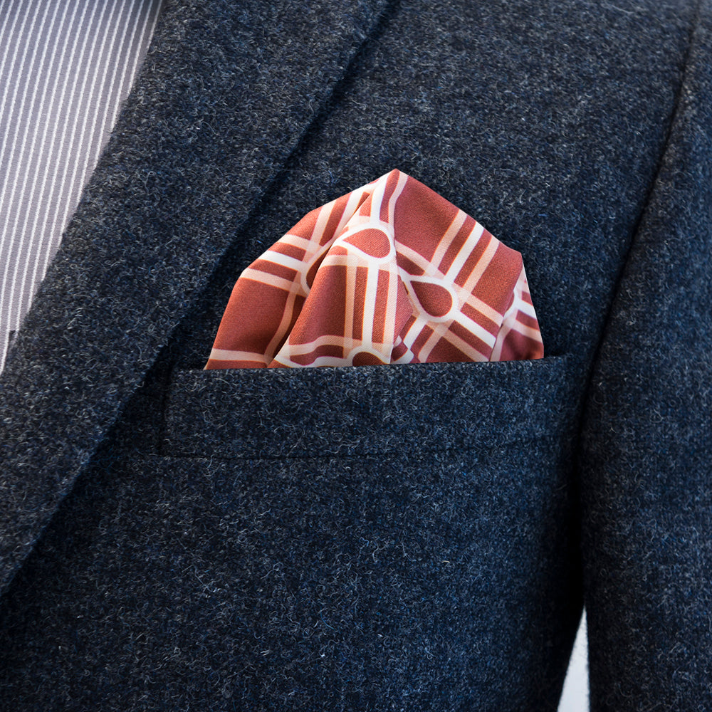 Rusty red of Marcus Maroon pocket square by FatCloth is perfect for broken colour combinations and relaxed outfits