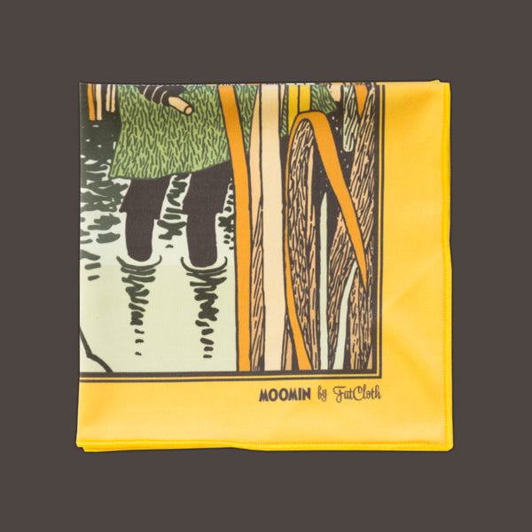 Orange, green and brown Moomin Angler multipurpose pocket square by FatCloth featuring Snufkin with a fishing rod