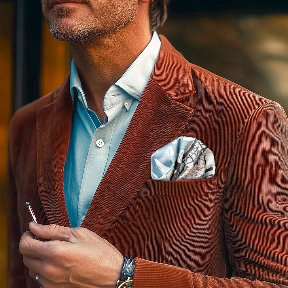 Man wearing a brown jacket with a Moomin patterned light pocket square.
