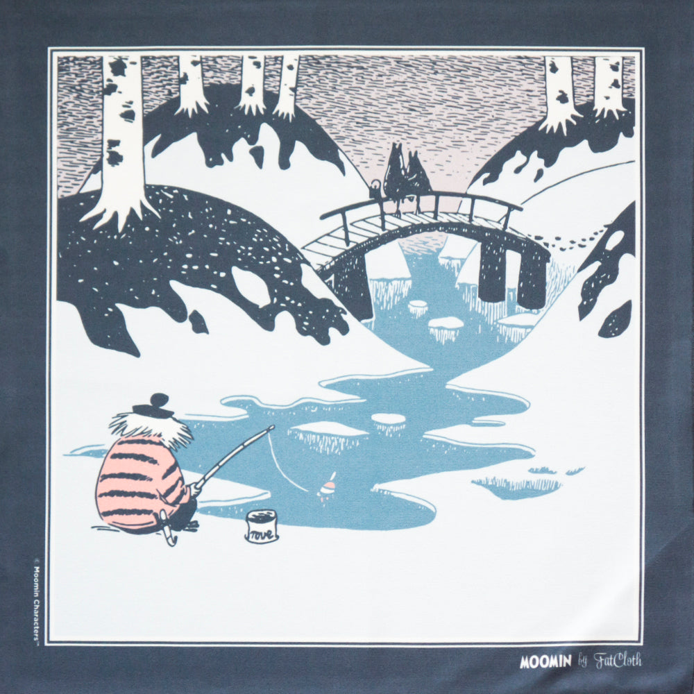 Elegant Blue, bluegray, and pale pink multipurpose pocket square by FatCloth featuring Too-Ticky ice-fishing and the Moomins sitting on a bridge.