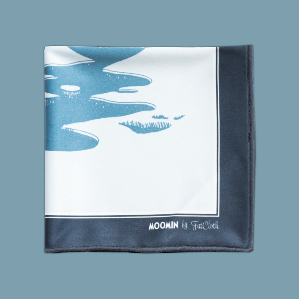 Elegant Blue, bluegray, and pale pink multipurpose pocket square by FatCloth featuring Too-Ticky ice-fishing and the Moomins sitting on a bridge.