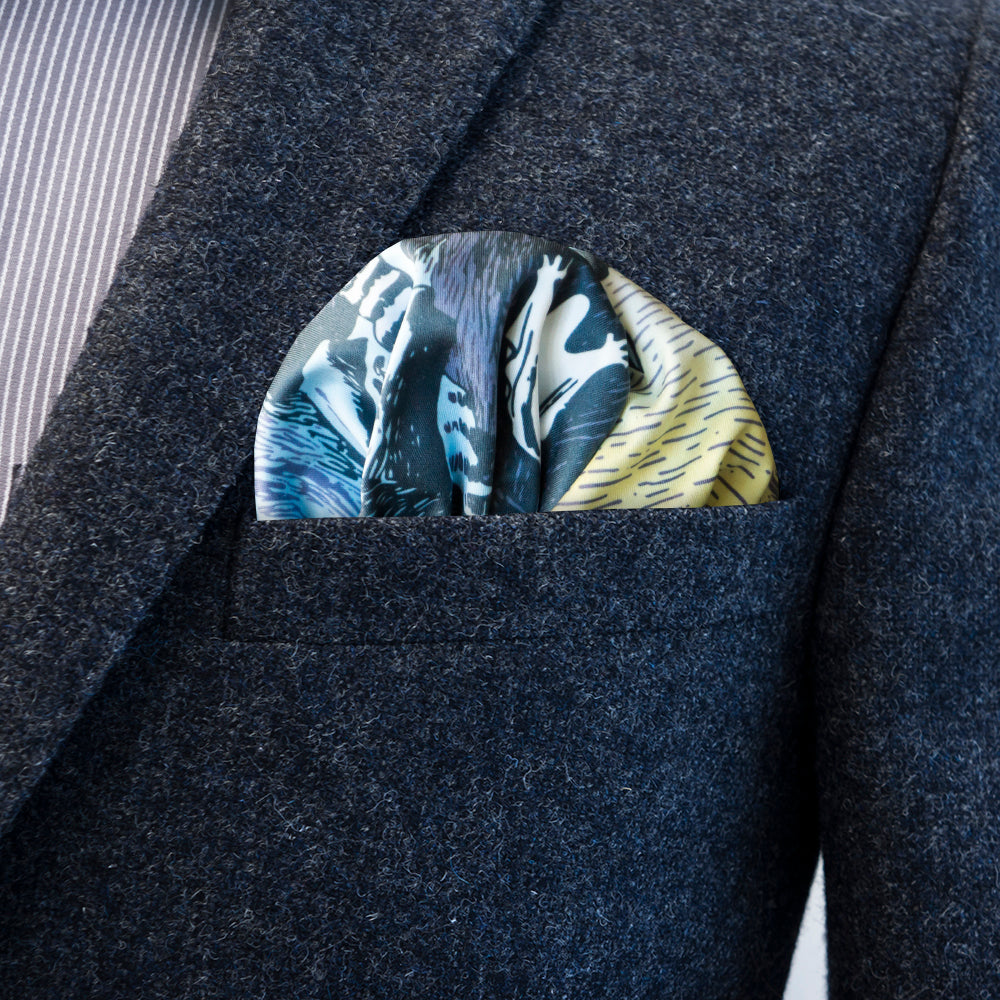 Moomin Lighthouse by FatCloth pocket square’s yellow and blue colour combination works well with casual and formal outfits