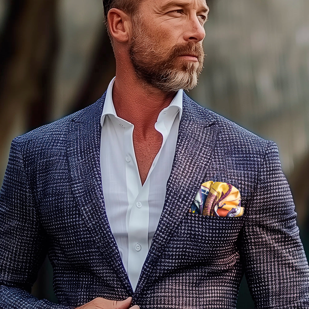 Man wearing a patterned blazer with a colorful Moomin pocket square against a blurred background