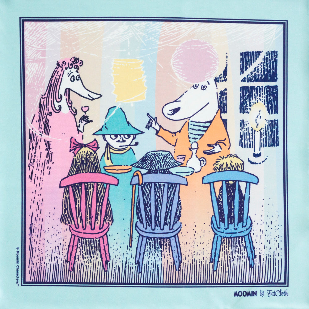 The full illustration of FatCloth for Moomin pocket square in Multicolor pastel hues of pale blue, light green orange, purple, pink and yellow featuring Whomper, Snufkin, Hemulen, Fillyjonk, Grandpa-grumble and Mymble are having a splendid party