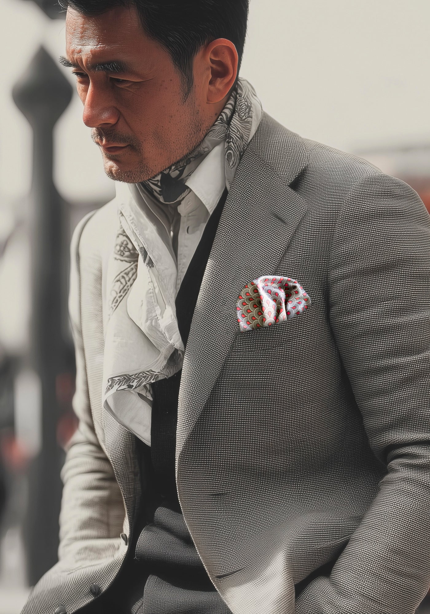 Japanese gentleman sitting casually while wearing an elegant black, red and white FatCloth Musashi blood pocket square