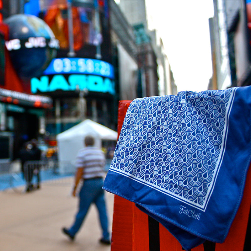 FatCloth Musashi Blue multipurpose pocket square proves itself useful in Nasdaq as well