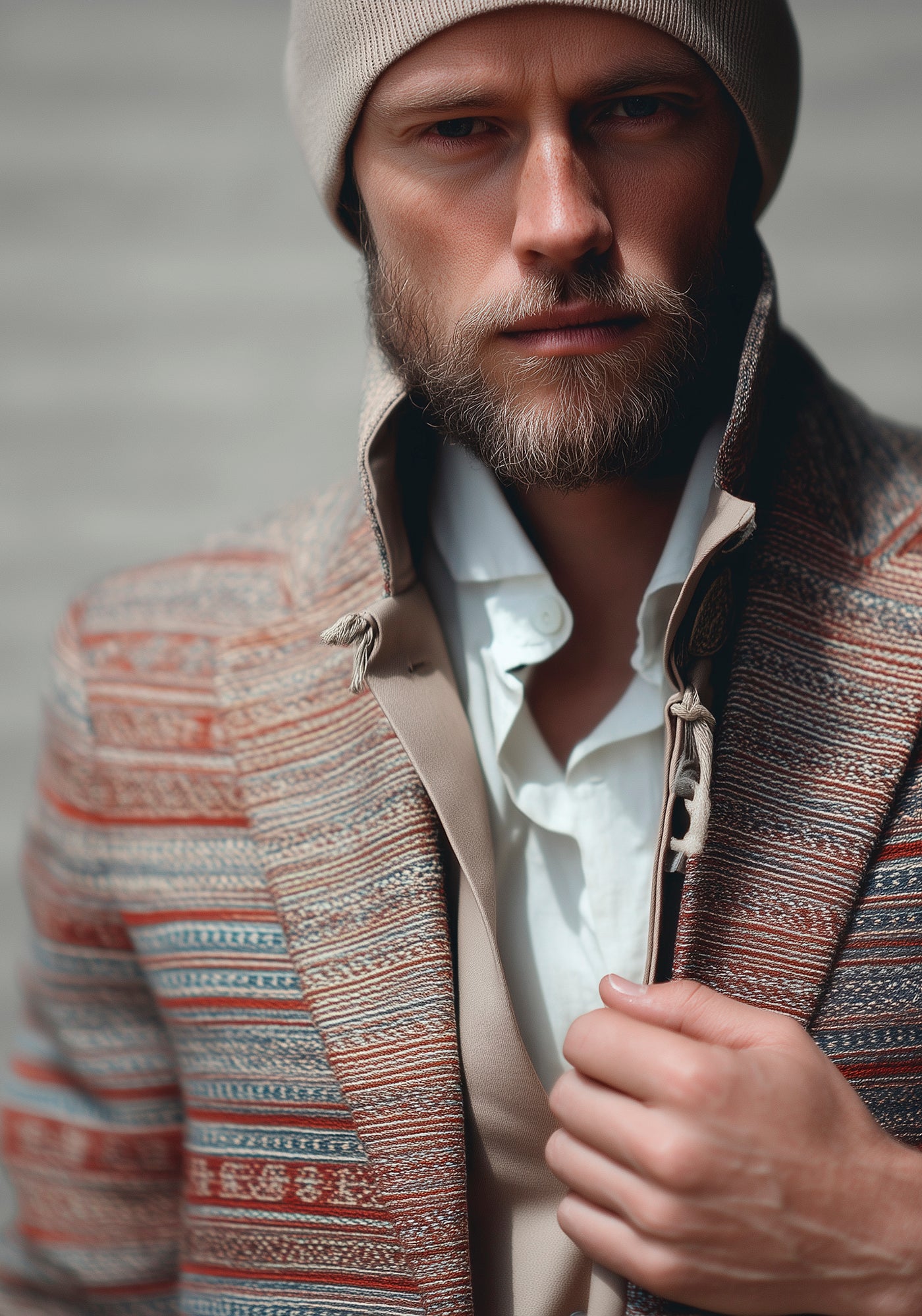 Nordic gentleman wearing a contemporary striped jacket