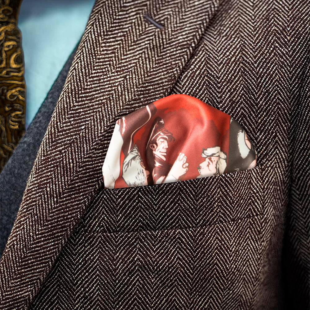 Red pocket square in a brown tweed pocket