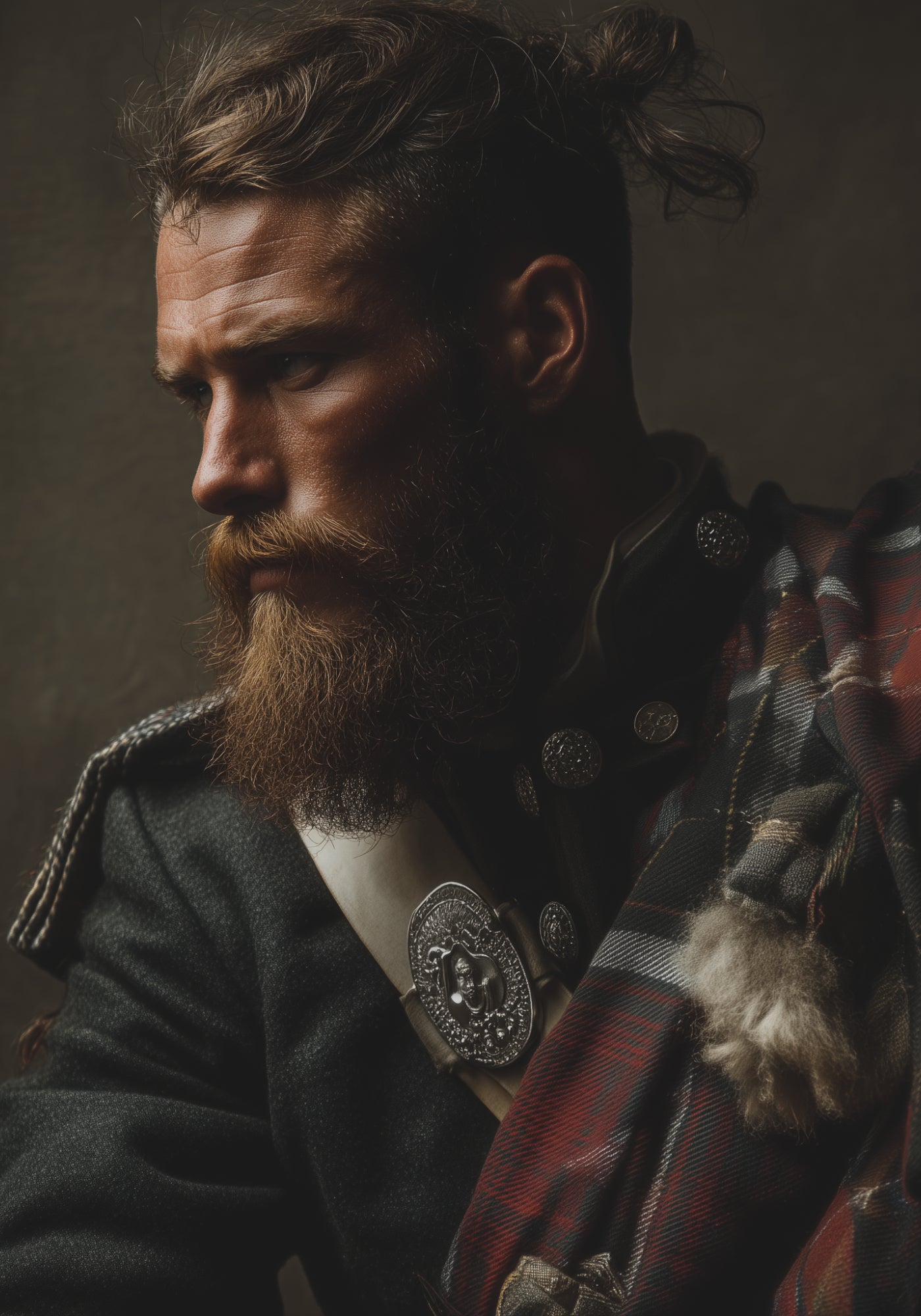 Scottish gentleman posing with some Tartan chequers and a manbun