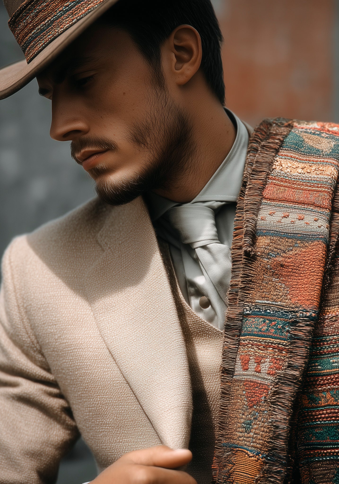 Andean weave patterns worn by a stylish young gentleman wearing a hat