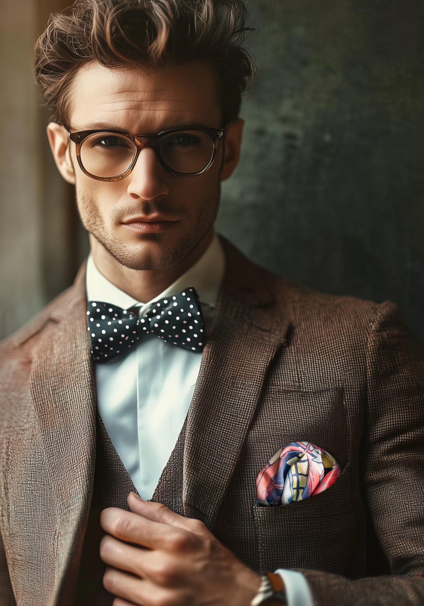 Young gentleman wearing a polka dot bowtie and a stylish FatCloth Spring pocket square