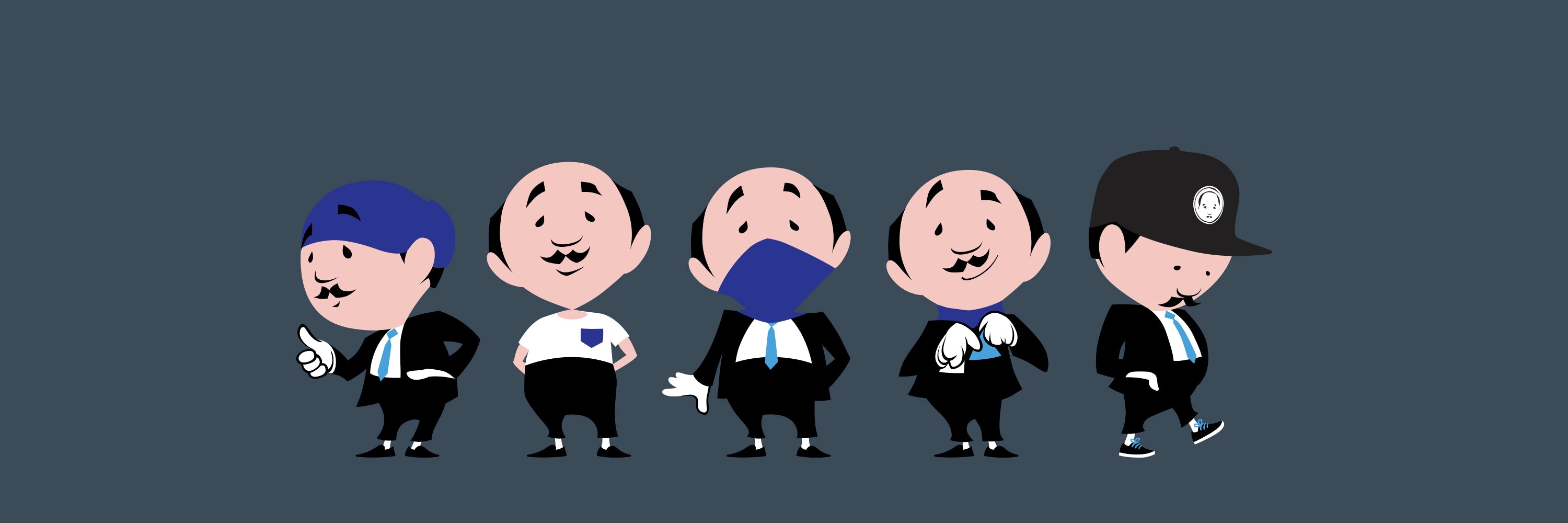 Five illustrated Vincent cartoon characters portraying different accessories side by side on gray background