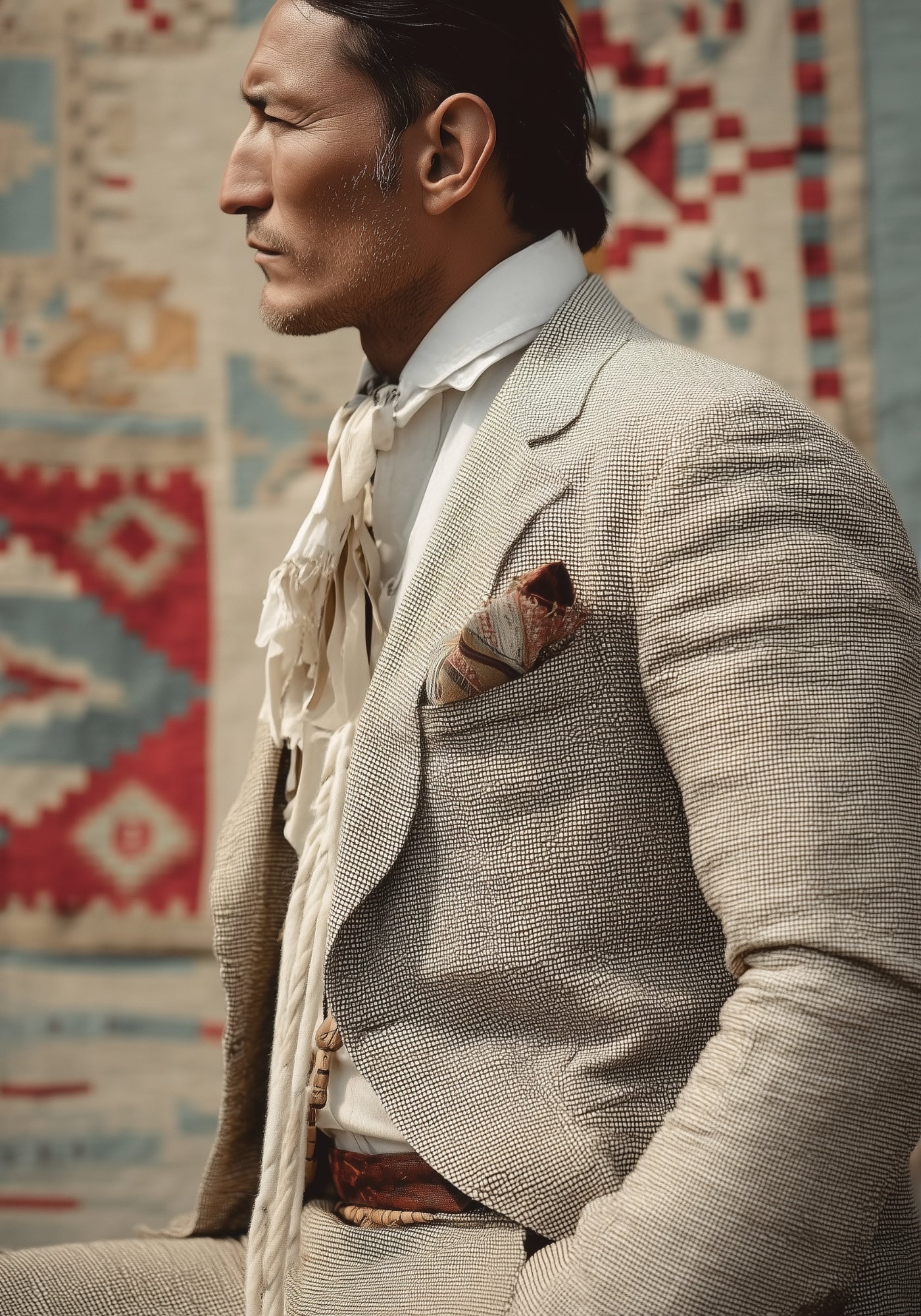 Side profile of a native American gentleman with traditional patterns on background