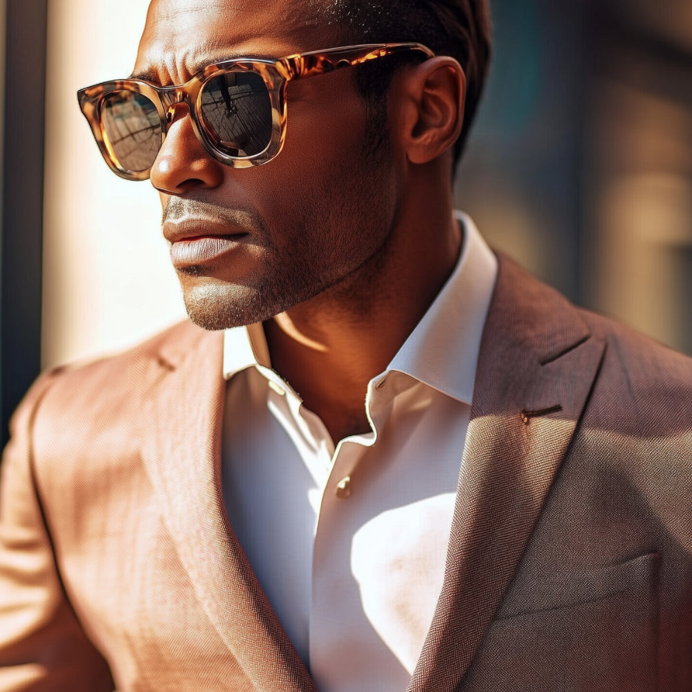 Gentleman wearing a reddish brown suit and leopard print sunglasses with a blurred background