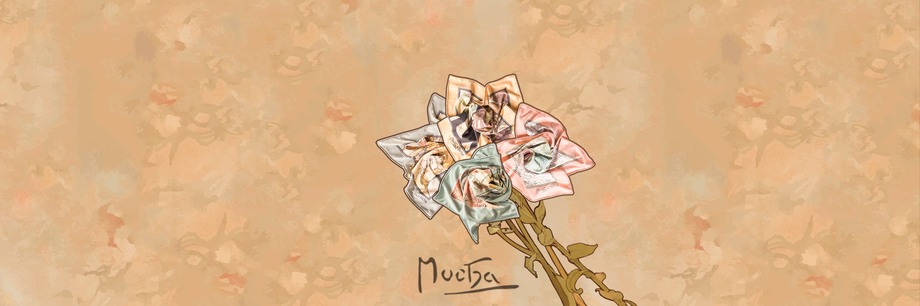 A stylised flower bundle made of pocket squares on an artistic tan background with Mucha logo