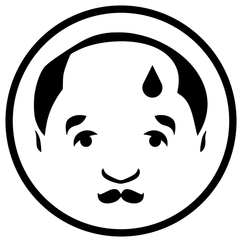 Black and white circle logo illustrated face of a gentleman with moustache