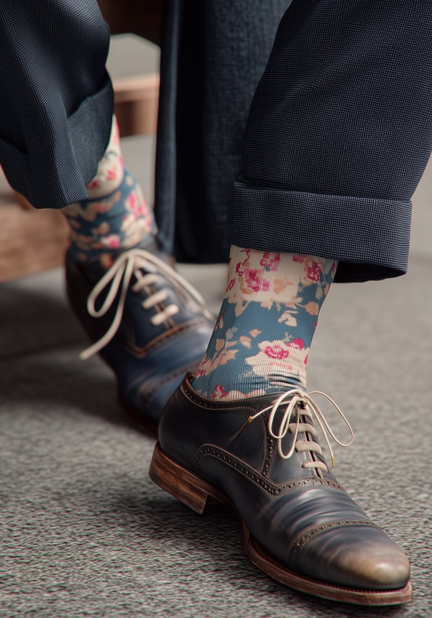 Blue toned casual floral themed socks in dark blue leather shoes