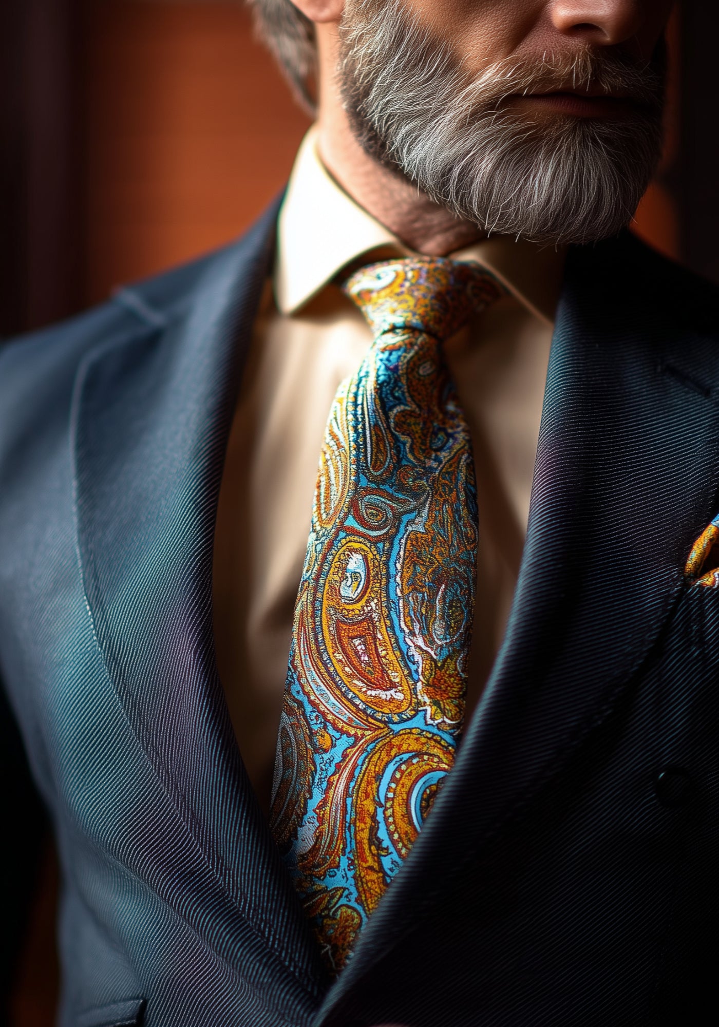 Silver fox gentleman wearing a colourful paisley tie