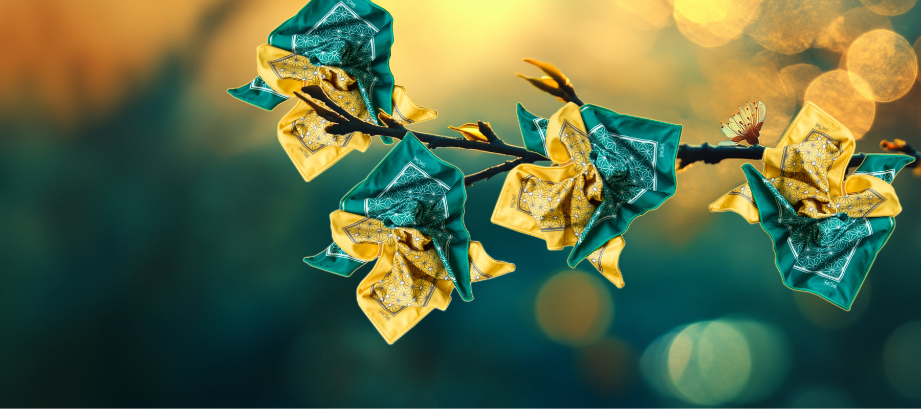 Branch of cherry tree with green and yellow pocket squares as leaves on yellow and green background