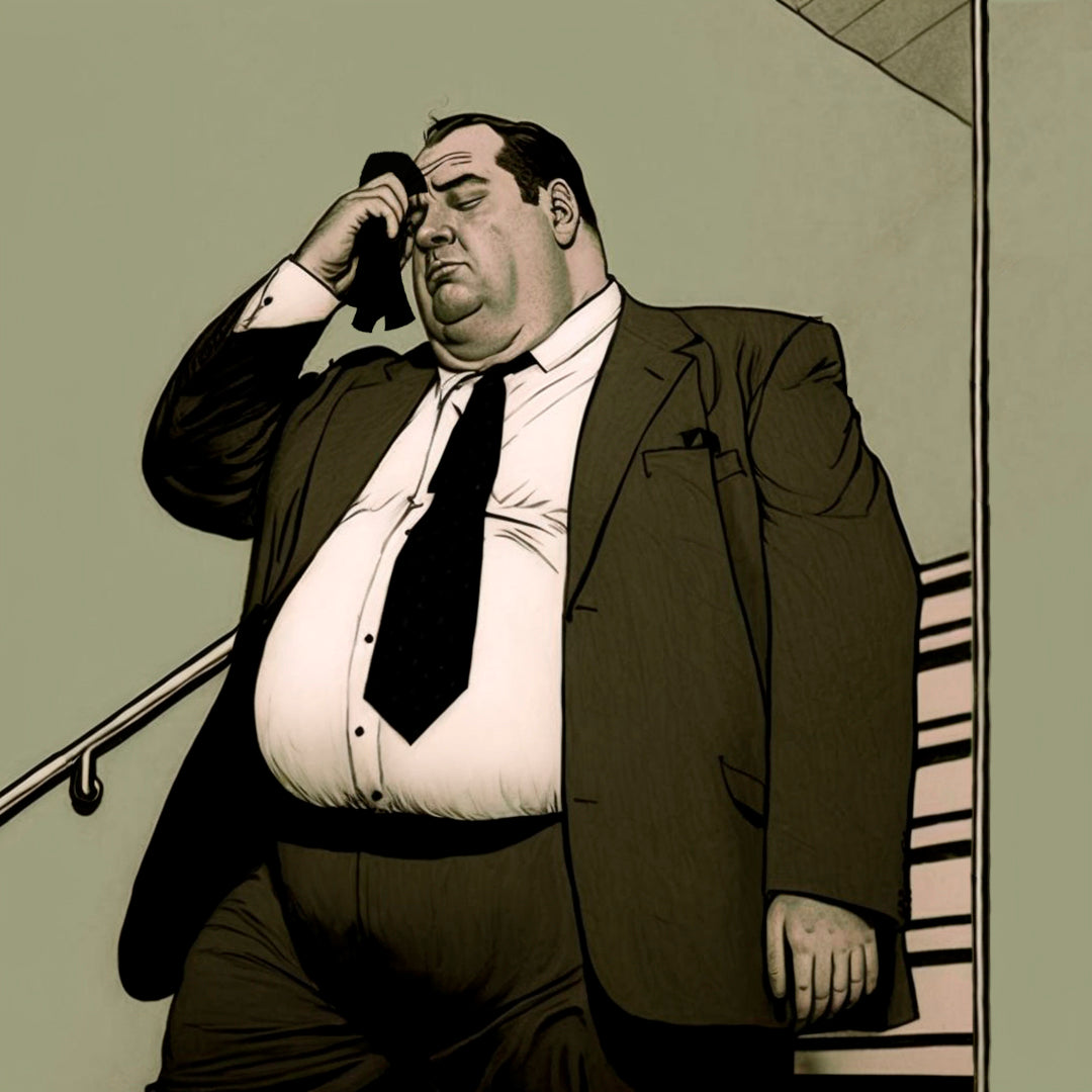 An illustration of a heavy man wiping sweat with a pocket square