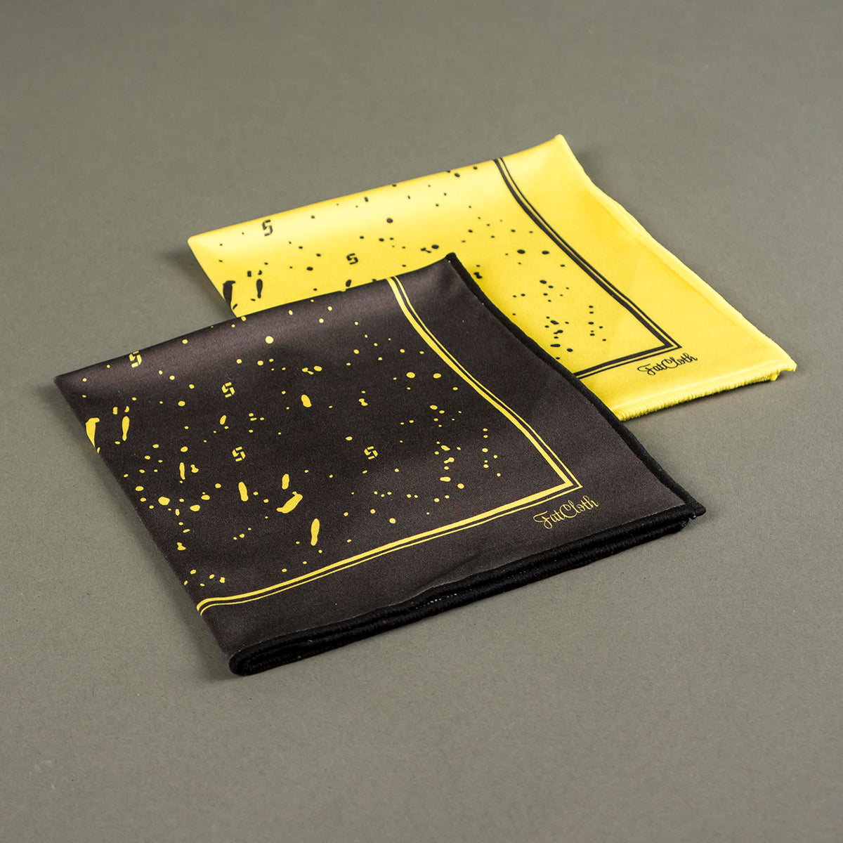 Slush branded FatCloth multipurpose pocket squares in yellow and black patterns