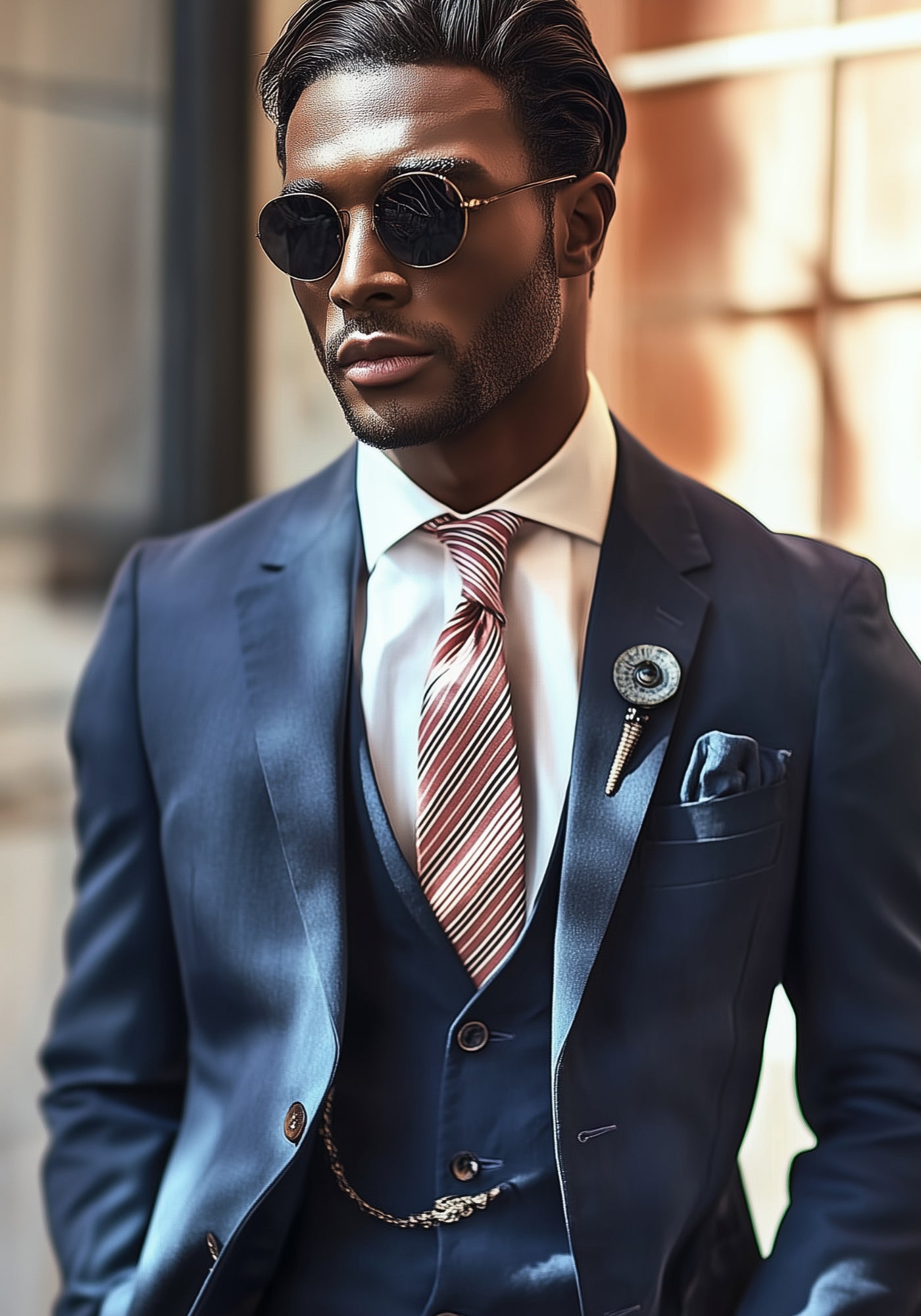 Stylish young gentleman wearing a navy suit and striped tie