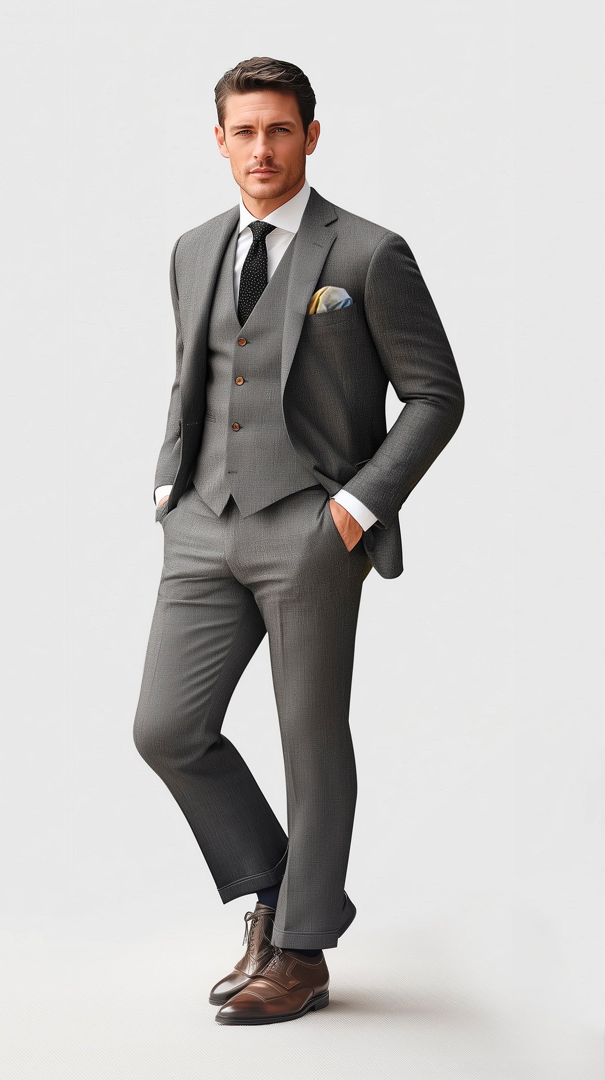 Man in gray three piece suit wearing a blue and gold gradient pocket square puff fold