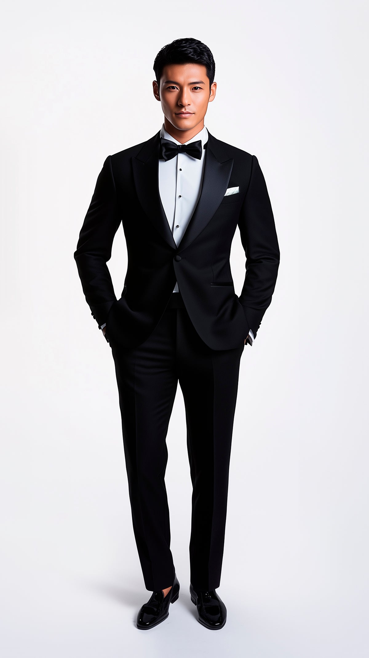 Man in black tuxedo wearing a white pocket square TV fold