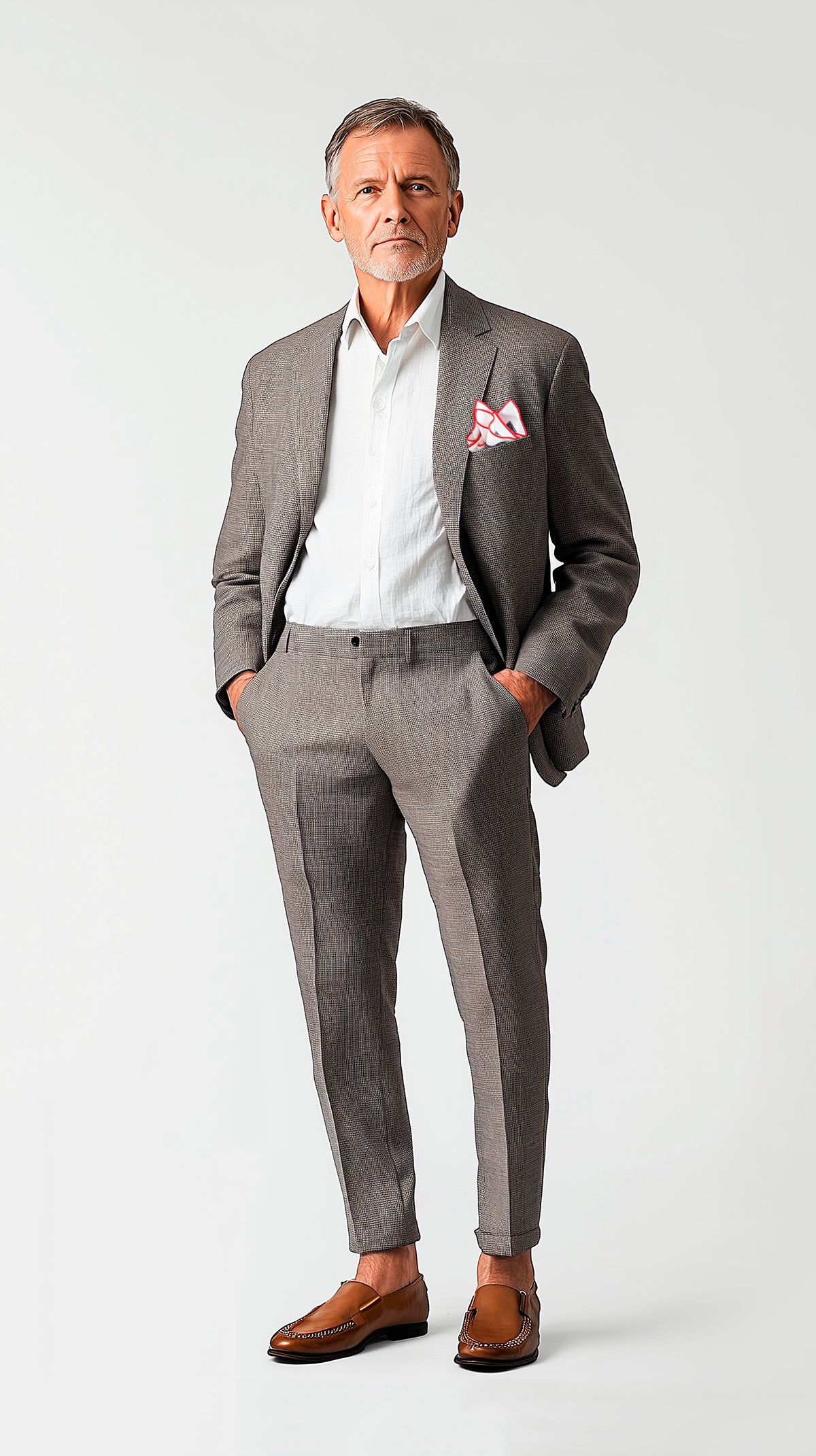 Man in gray unstructured suit wearing a white pocket square with red stitching