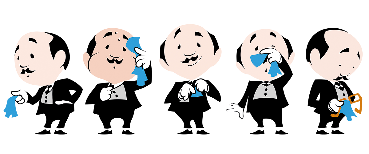 5 Vincent cartoon characters portraying how to use a FatCloth multipurpose pocket square