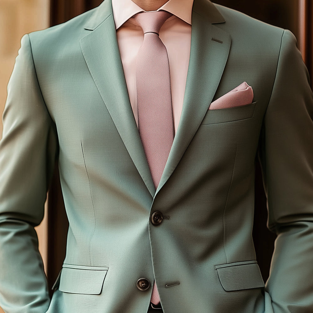 Pastel green suit with matching pink tie and pocket square set