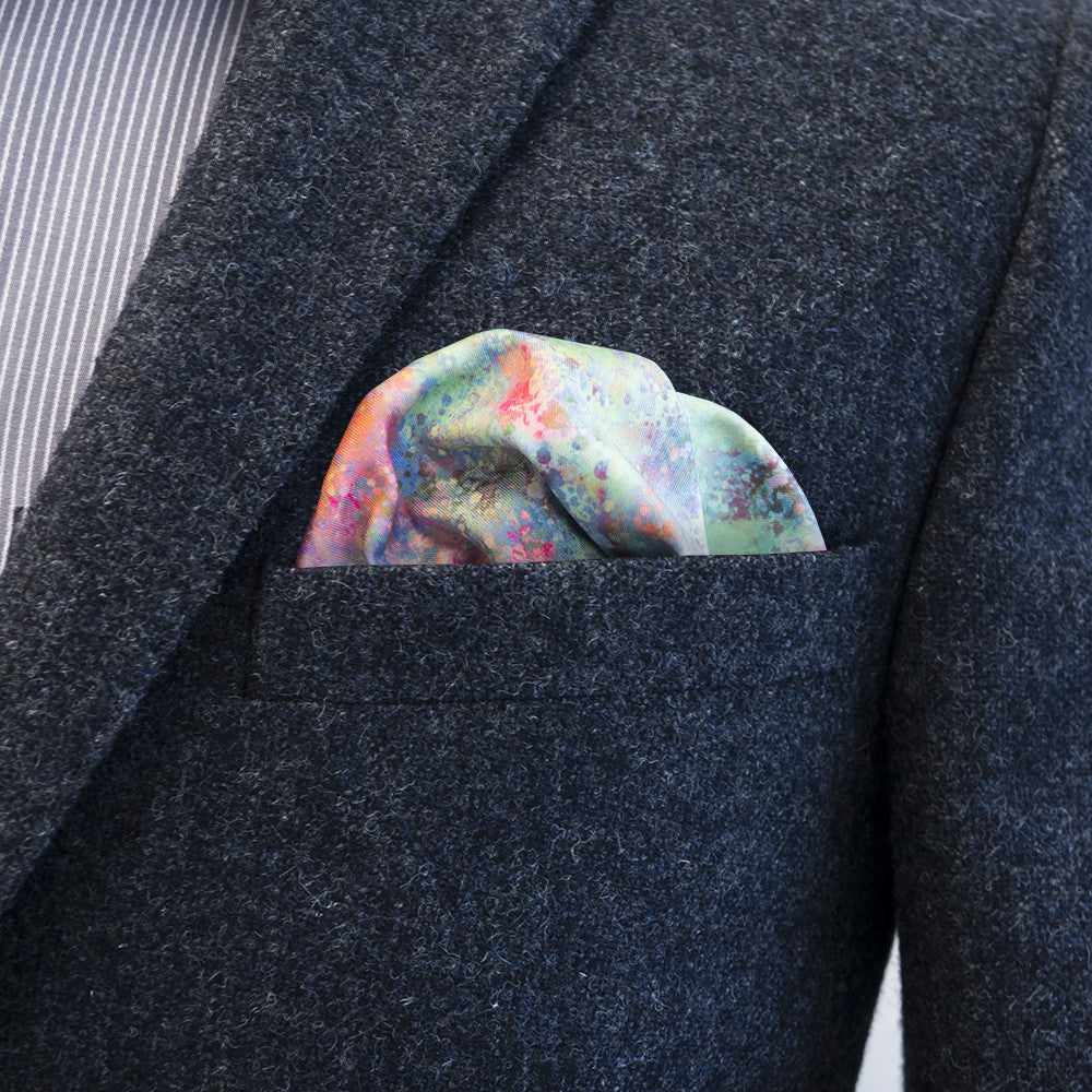 Design pocket square, spray pattern, puff fold, multicolor, pastel, mint, magenta