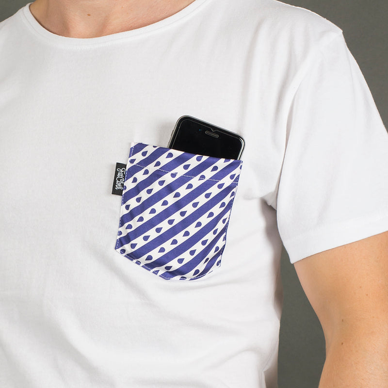 Pocket T-shirt white, dark blue striped pocket, recycled, sustainable