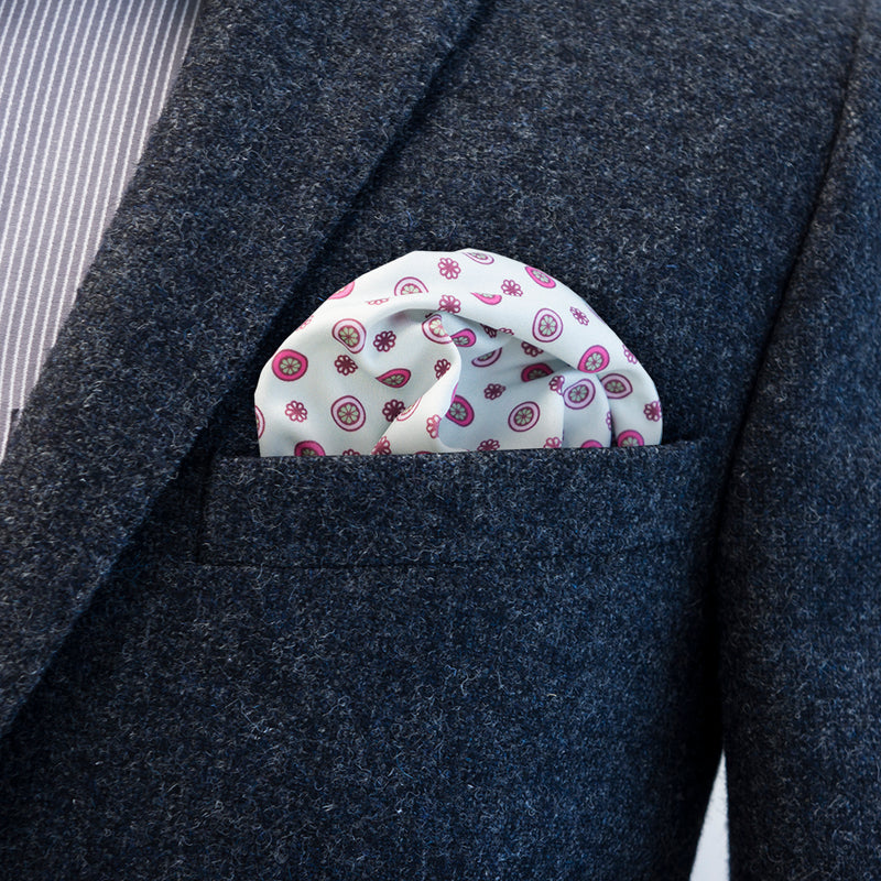 FatCloth Charles Pink pocket square is at home in classic combinations of gentlemen’s attire