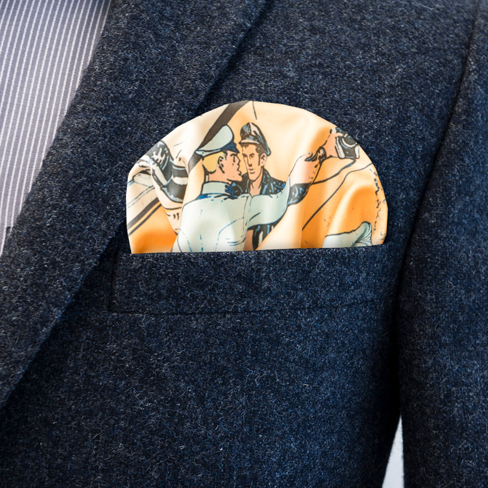 Dark gray coat with an light orange pocket square puff fold featuring an illustration of two officers