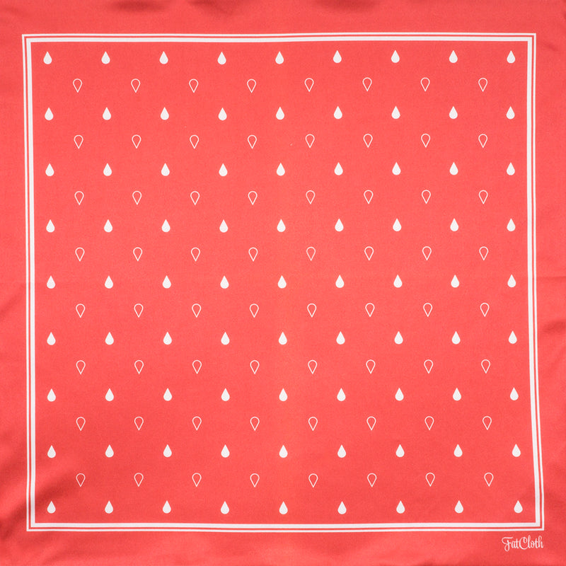 Earl Red pocket square design with classic polka-dot pattern features FatCloth’s signature drop symbol in white