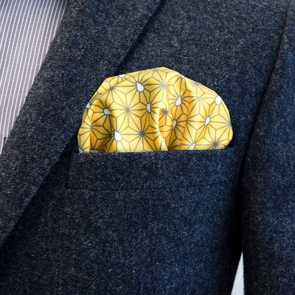 Traditional Japanese Asanoha patterned FatCloth Issei Gold yelllow multipurpose pocket square puff fold in gray blazer pocket