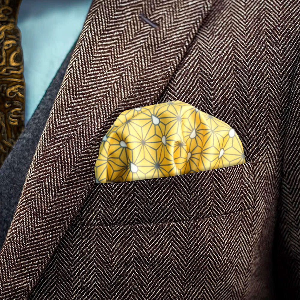 Traditional Japanese Asanoha patterned FatCloth Issei Gold yellow multipurpose pocket square puff fold in brown herringbone tweed blazer pocket