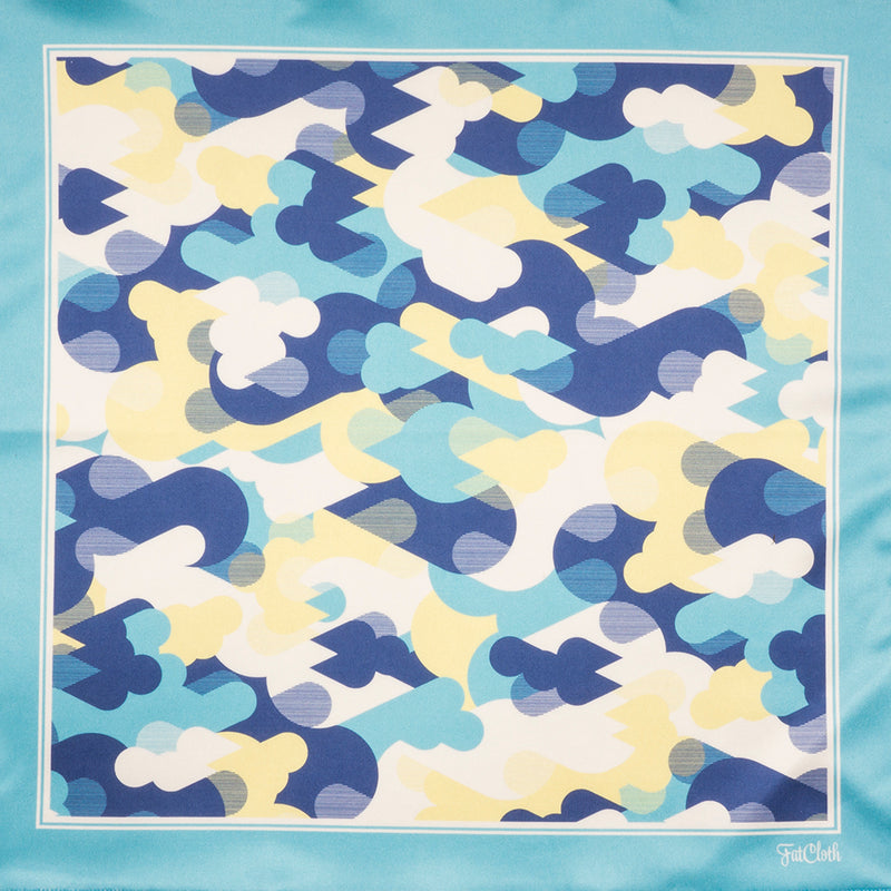 Pocket square Joseph Sky’s blue and yellow urban camouflage is created entirely of FatCloth signature drop symbols 